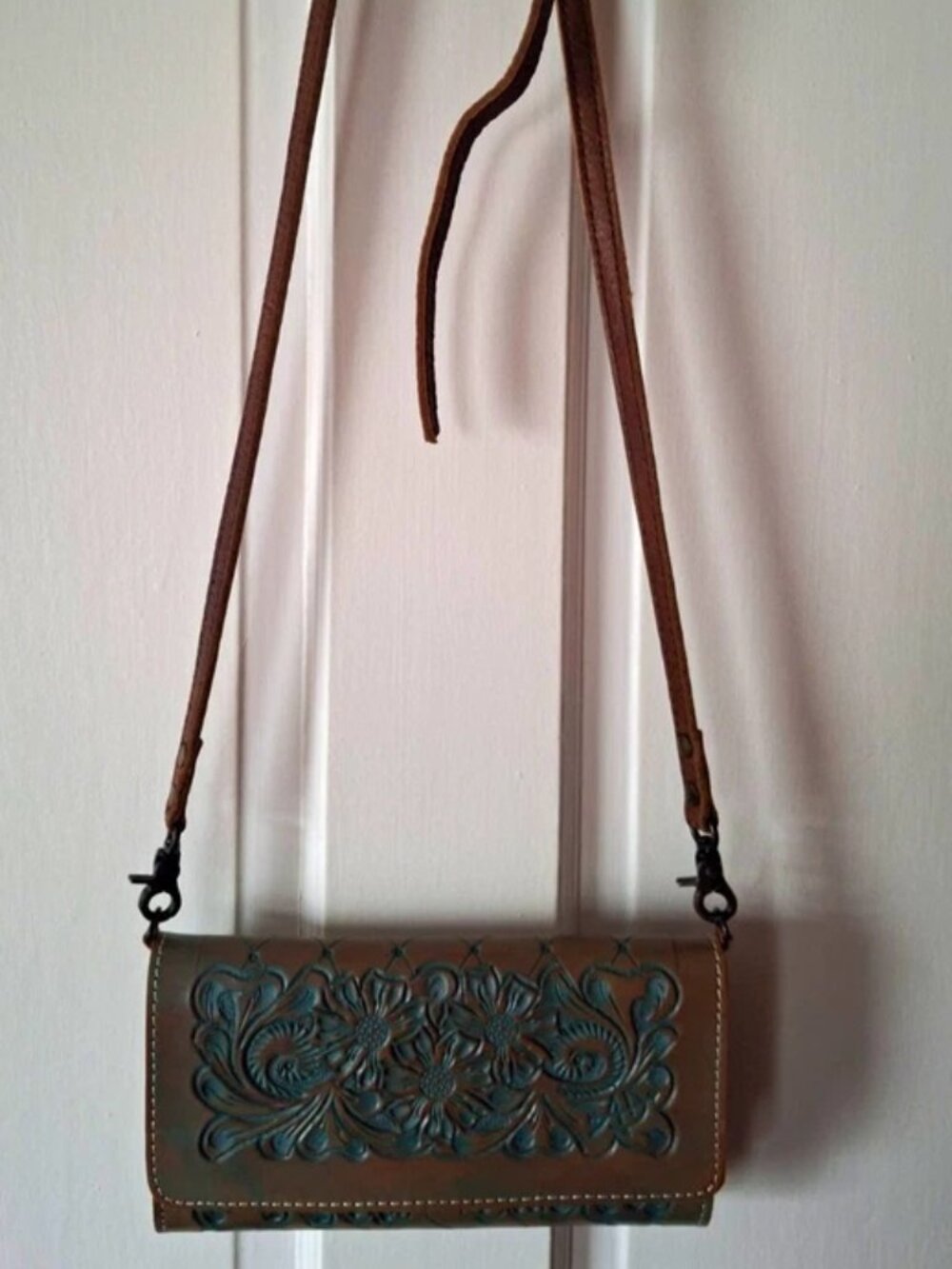 American Darling Teal & Saddle Montana Leather Tooled Floral Craved Crossbody